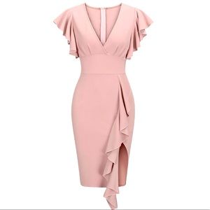 Blush Deep-V Neck Ruffle Sleeves Pencil Slit Dress